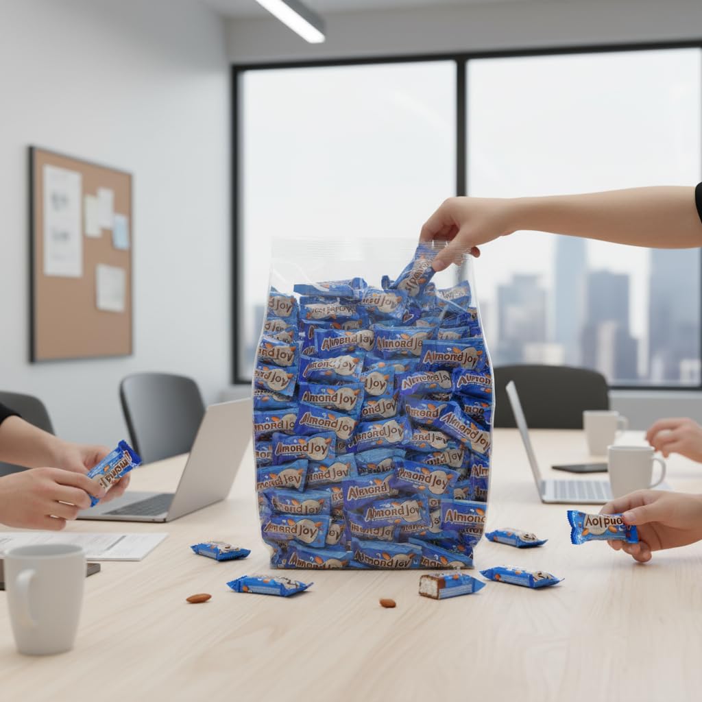 Crisp almond pieces and smooth milk chocolate in AlmondJoy by Yummy Chew.