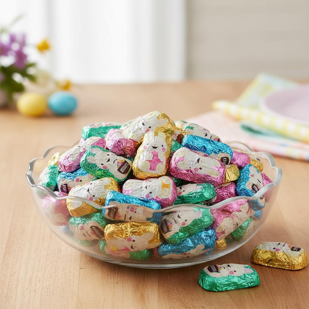 Individual wrapped mini milk chocolate bunnies in bulk bag for freshness.