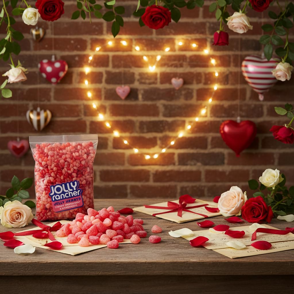 Heart-shaped Jelly Hearts with chewy center for festive party tables.