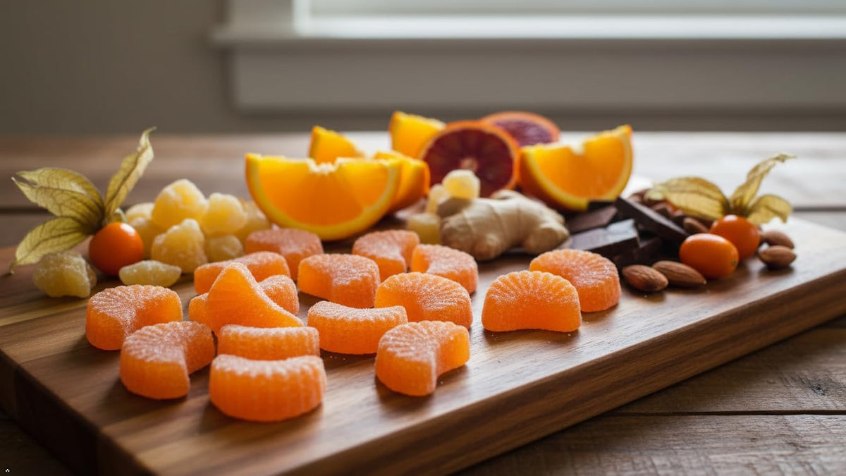 Yummy Chew orange slices candy bowl display invites casual snacking.