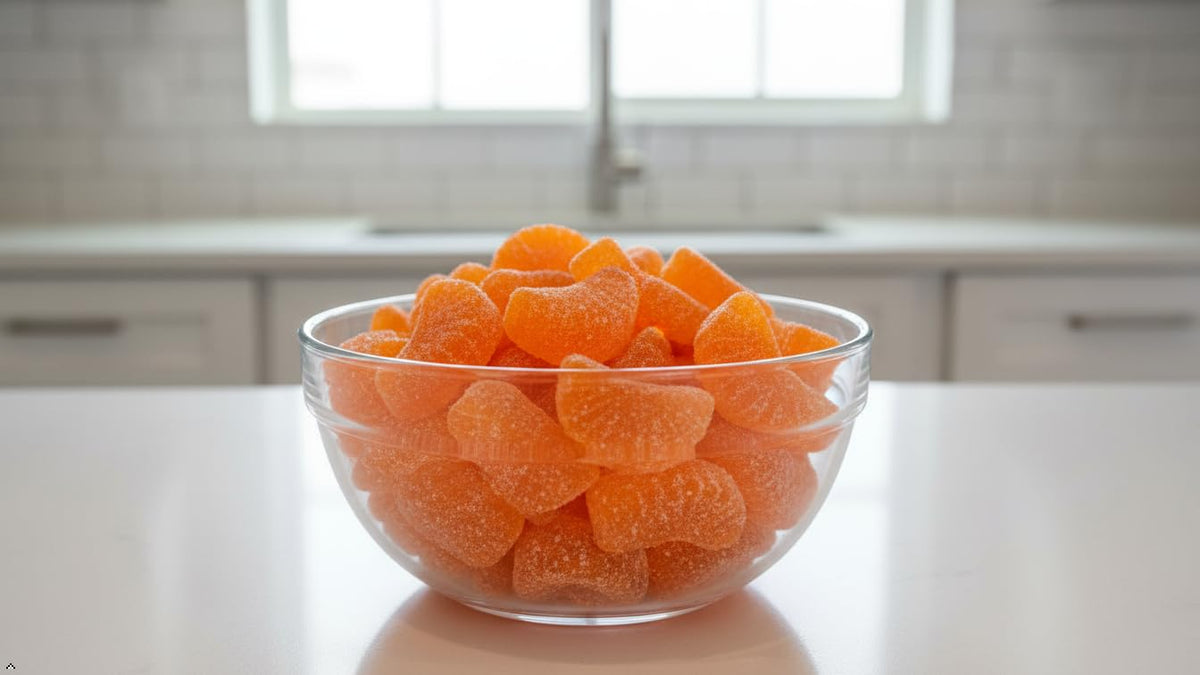 Yummy Chew orange slices candy party platter highlights vibrant citrus wedges.