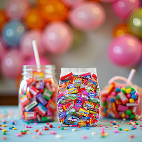 Yummy Chew party favors display with individually wrapped candies