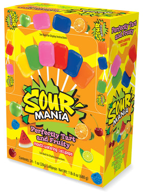 Yummy Lix Sour Mania cherry flavor lollipop on display.