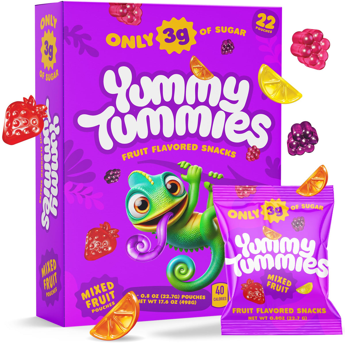 Yummy Tummies low sugar fruit snacks in a convenient pack for busy kids.