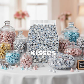 Candy buffet display featuring milk chocolate kisses for candy buffets and dessert tables.