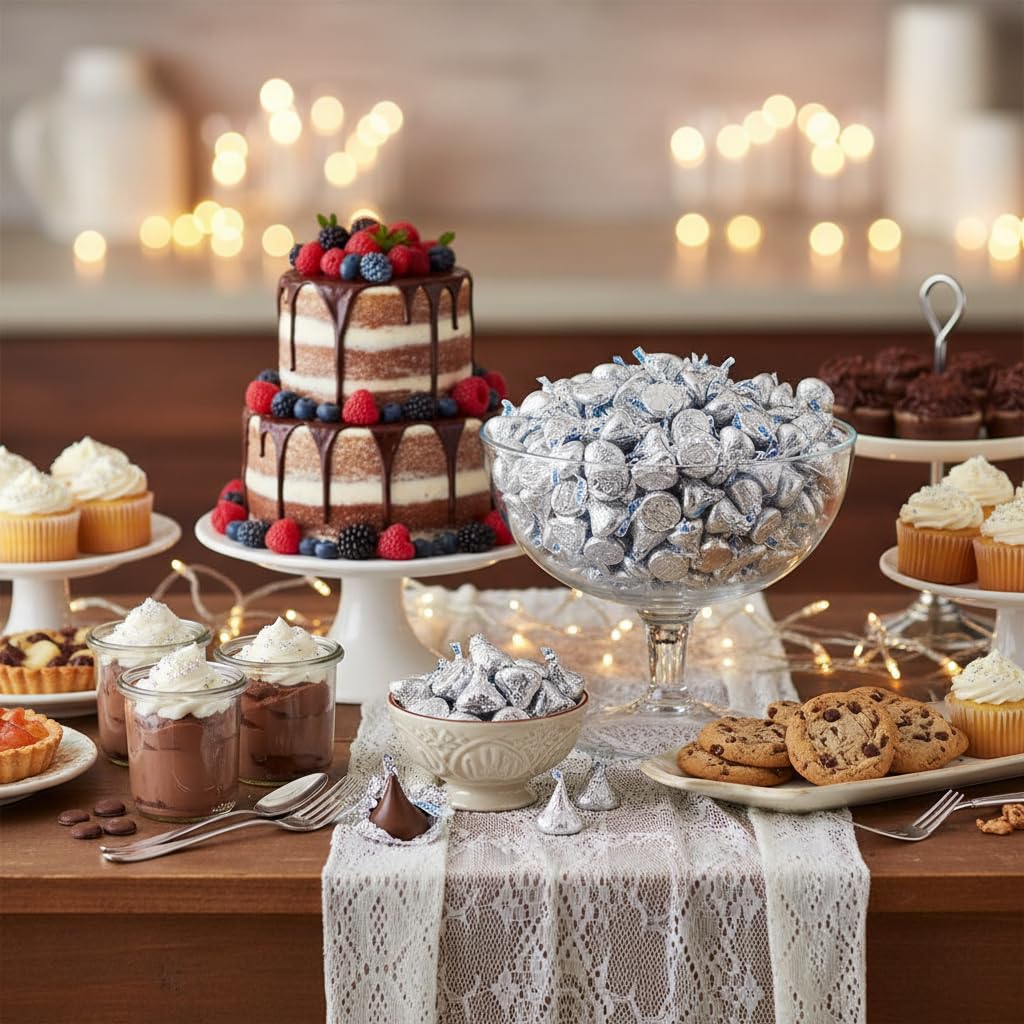 Silver-wrapped Bulk Kisses from Yummy Chew, perfect for elegant wedding favors.