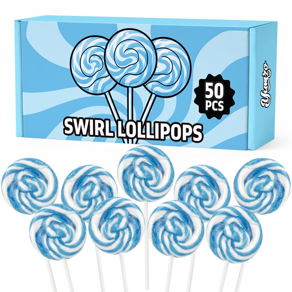 Yumzo blue swirl lollipops show off vibrant blue-and-white design for eye-catching treats.