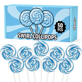 Yumzo blue swirl lollipops show off vibrant blue-and-white design for eye-catching treats.