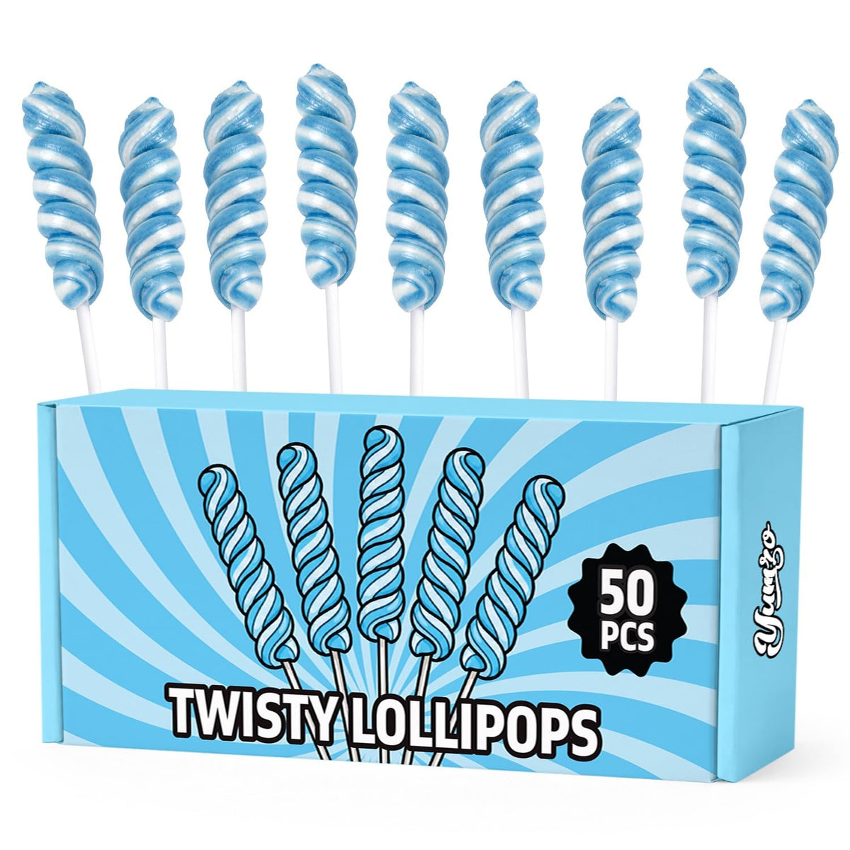 Yumzo blue-twist-lollipops 50-pack ideal for eye-catching display at events.