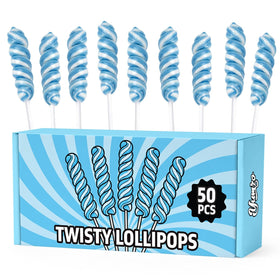 Yumzo blue-twist-lollipops 50-pack ideal for eye-catching display at events.