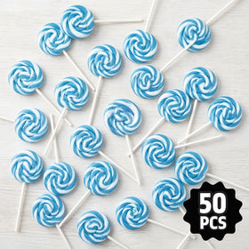 Yumzo blueberry-swirl lollipops, individually wrapped, preserve freshness for safe sharing.