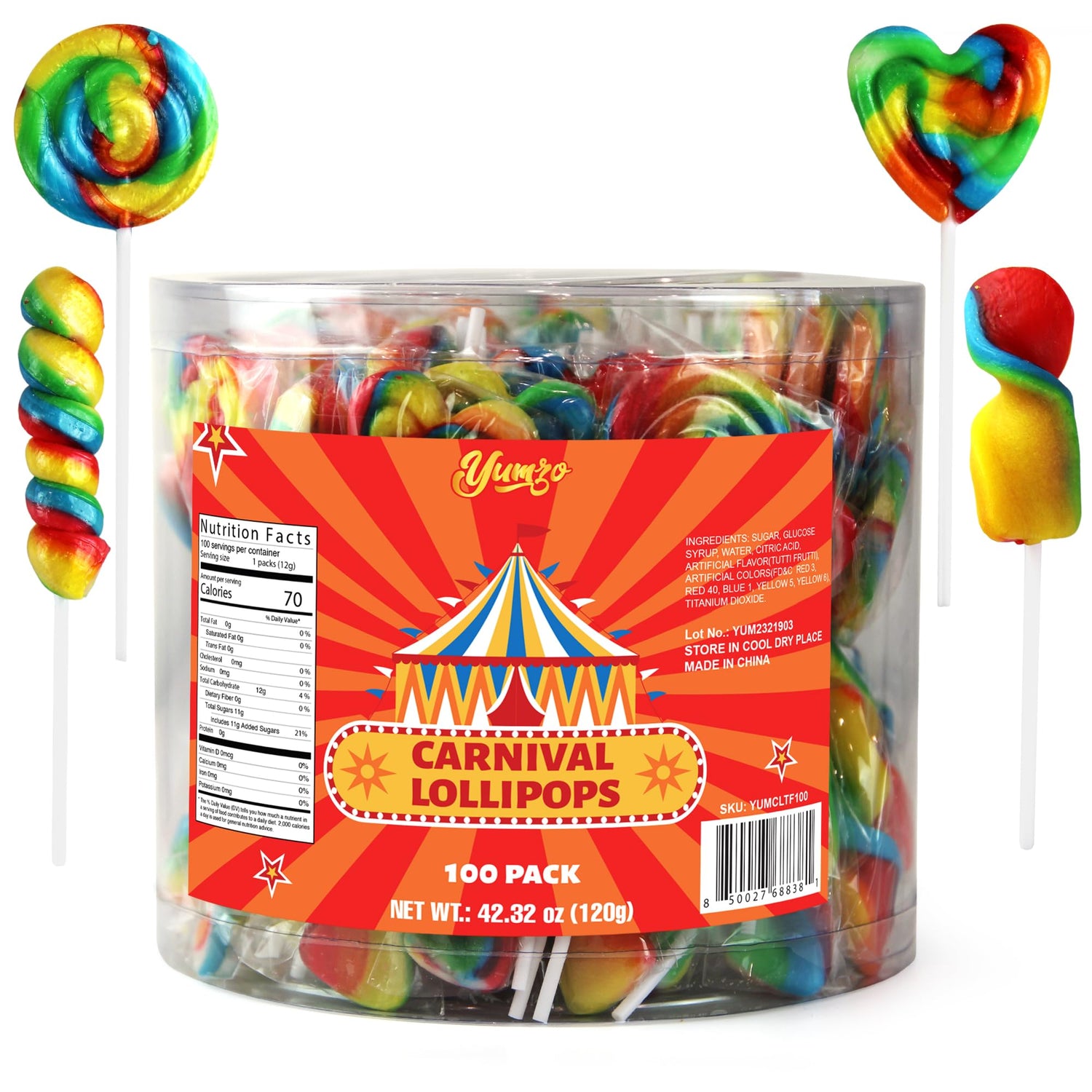 Yumzo carnival lollipops rainbow twist display bright colors for party favors.