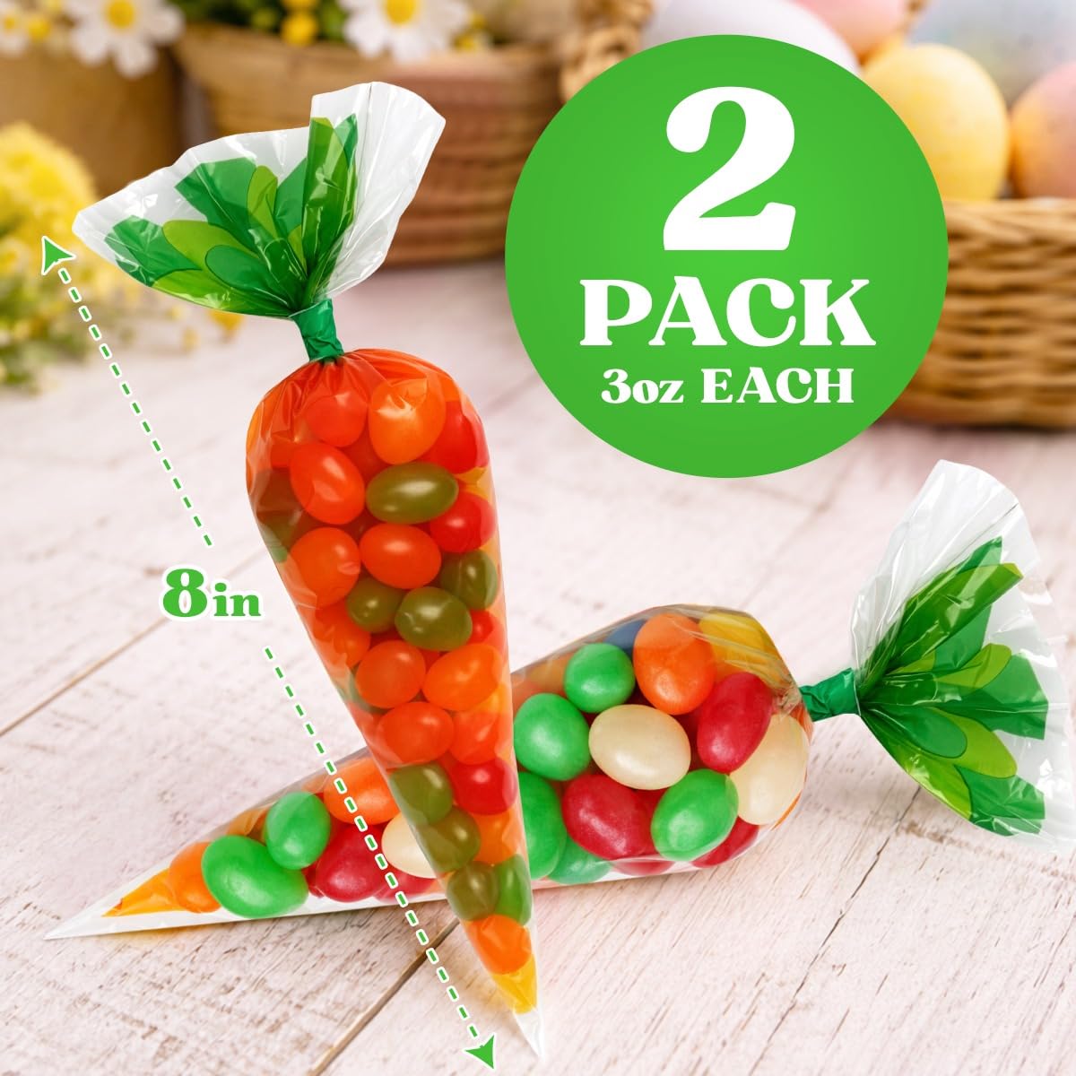 Delightful orange carrot candy bags serve as easy Easter egg hunt prizes.