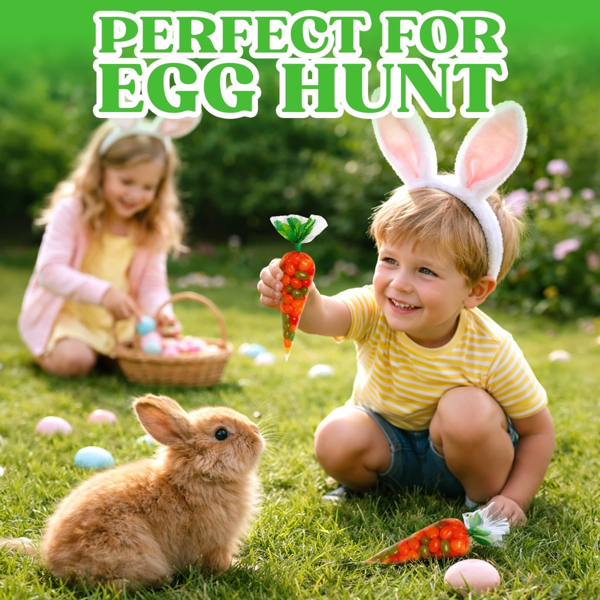 Carrot-shaped candy bags fit between bunnies and eggs for balanced baskets.