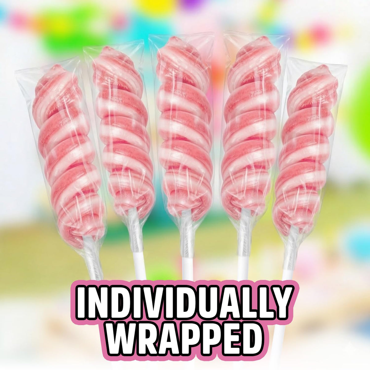 Yumzo pink and white twist design lollipops for candy buffets.