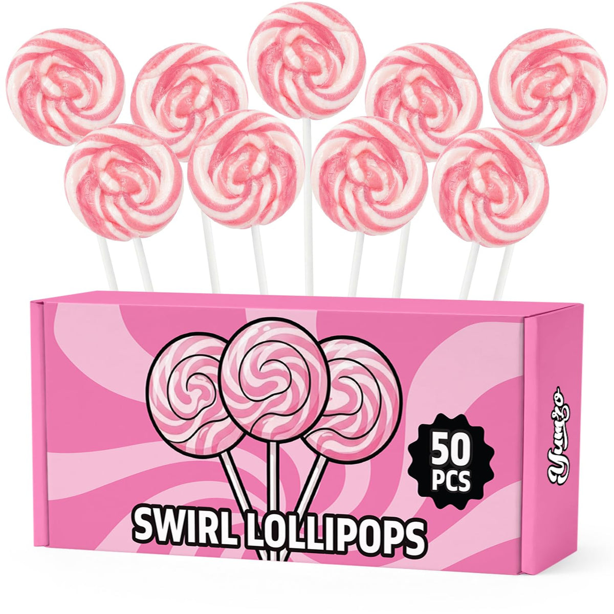 Yumzo Pink Swirl Lollipops on display with red and white swirls, ideal for party decor.