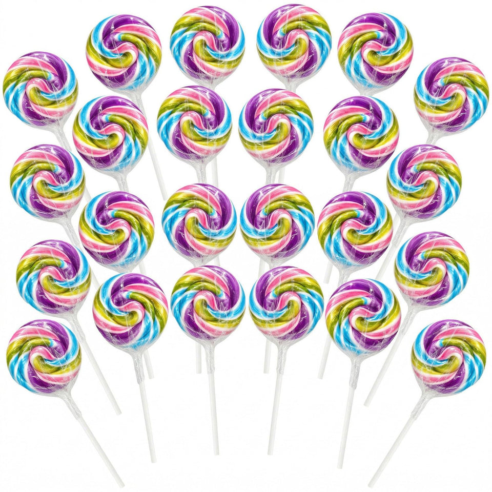Yumzo swirl lollipops with pastel rainbow spirals for party displays.