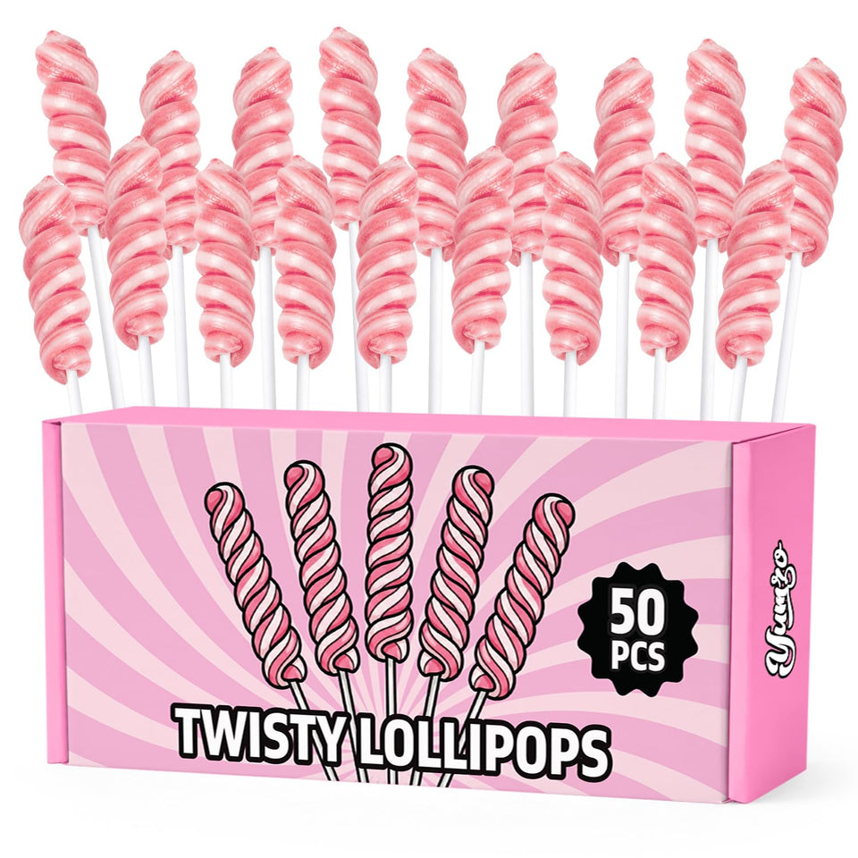 Yumzo Twisty Lollipops 50-pack on display, ideal centerpiece for parties.