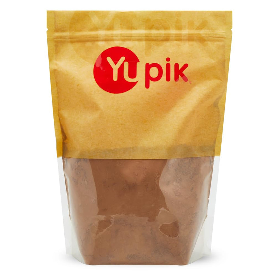 Yupik alkalized cocoa powder packaging close-up for rich baking flavors.