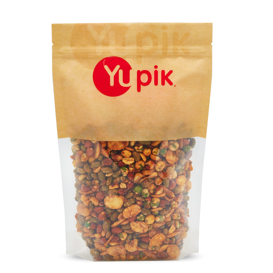 Yupik BBQ Protein Snack Mix close-up of edamame, peanuts, and wasabi peas for a savory, on-the-go crunch