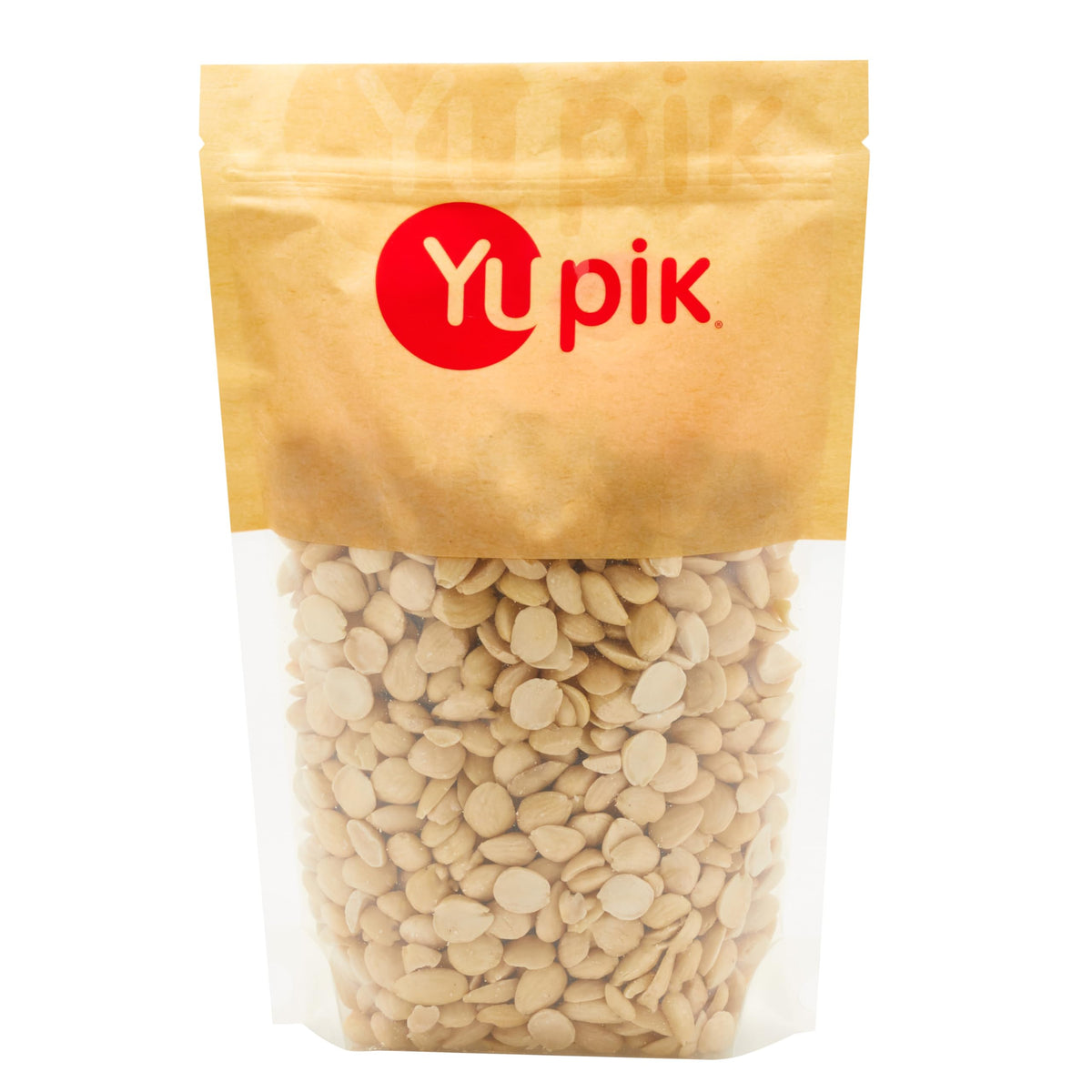Yupik blanched Marcona almonds packaging highlighting gluten-free and vegan snack options.