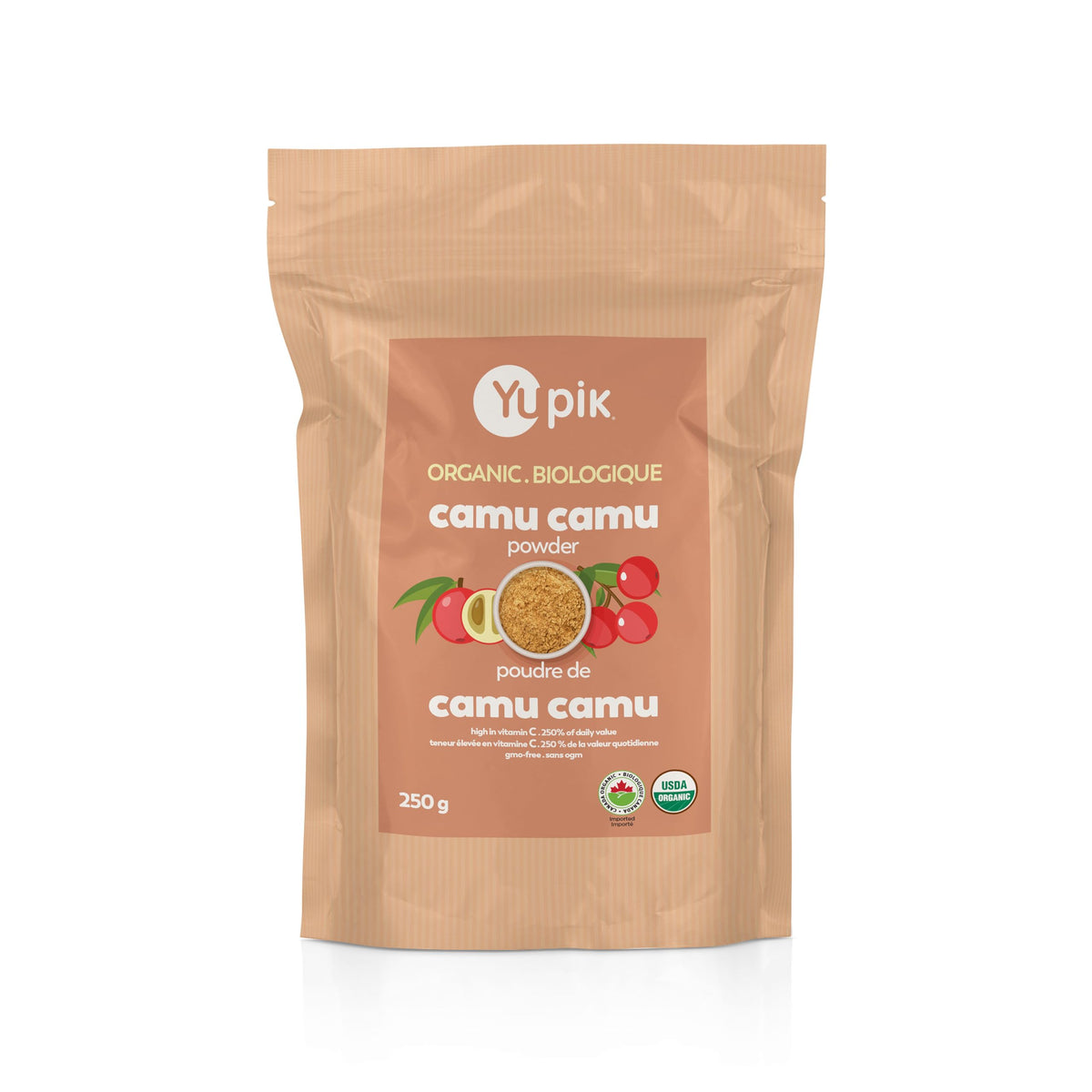 Yupik Camu Camu powder in a tin jar highlighting tangy vitamin C boost for smoothies