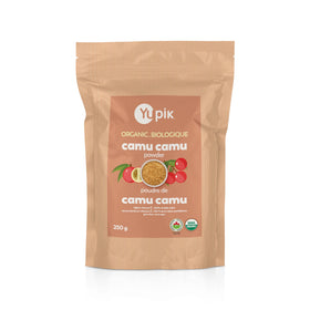Yupik Camu Camu powder in a tin jar highlighting tangy vitamin C boost for smoothies