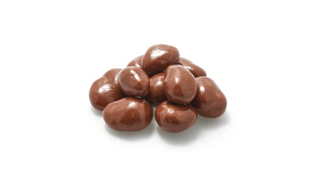 Yupik cranberries dried in milk chocolate texture close-up, glossy candy shell