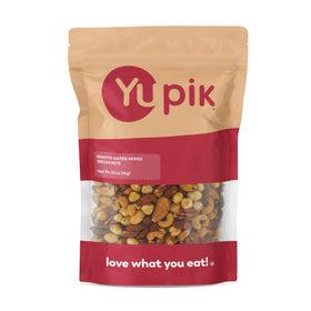 Yupik Deluxe Roasted Salted Nut Mix bag front, protein-rich vegan snack.