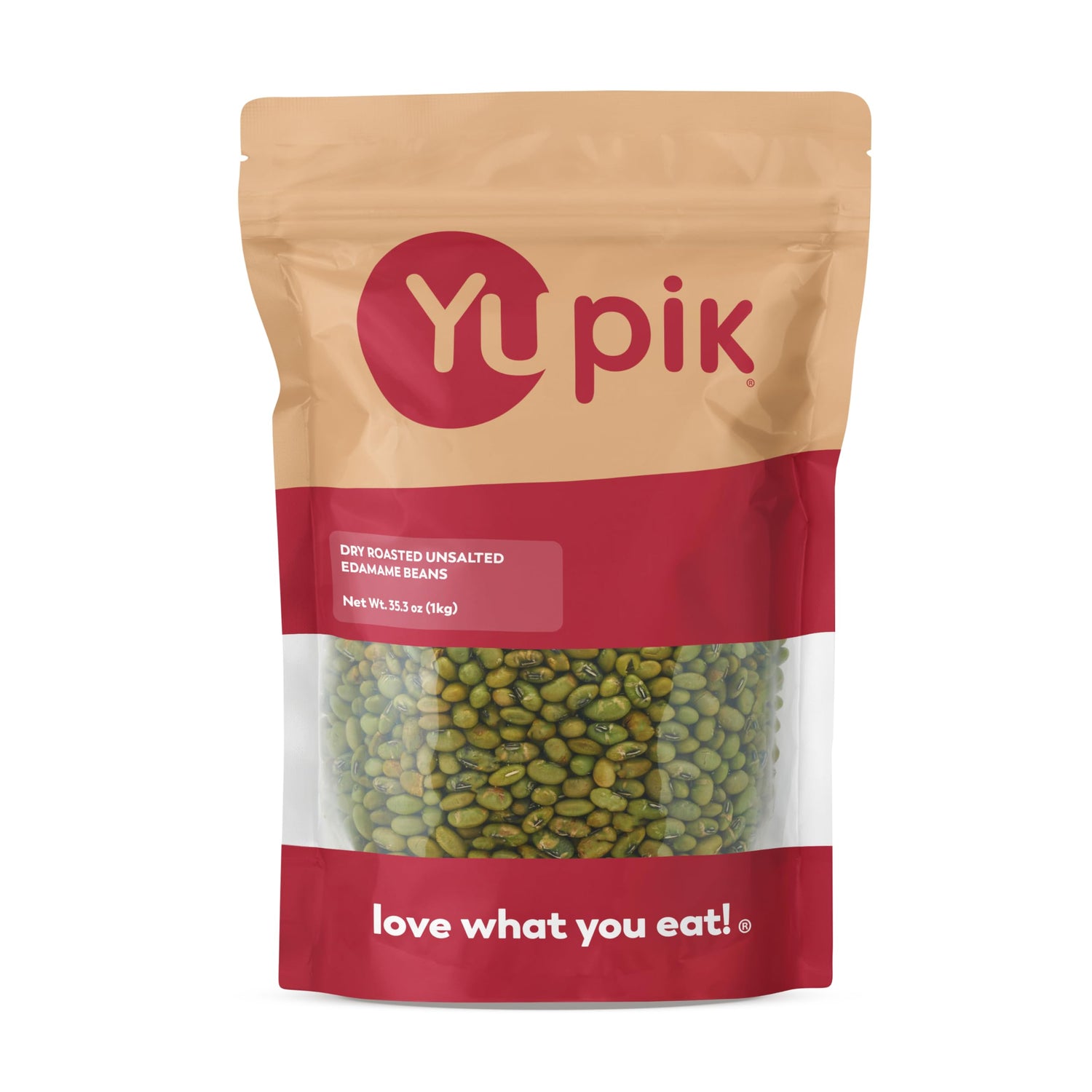 Yupik dry roasted edamame bag front shows unsalted protein snack