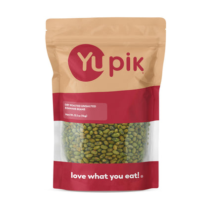 Yupik dry roasted edamame bag front shows unsalted protein snack