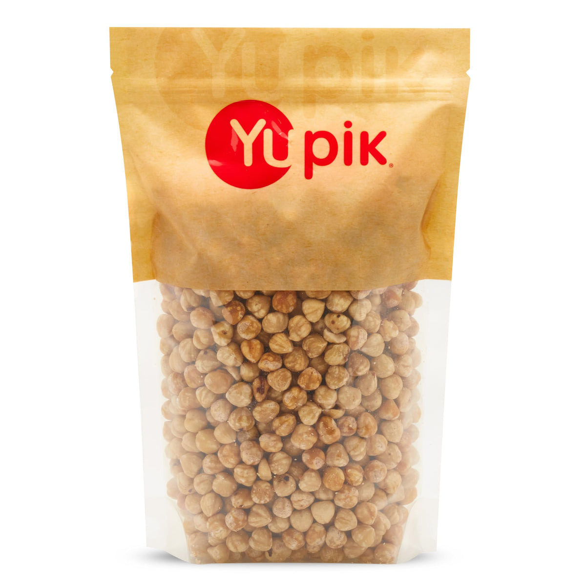 Yupik dry roasted unsalted hazelnuts, whole, displayed for snacking or baking.