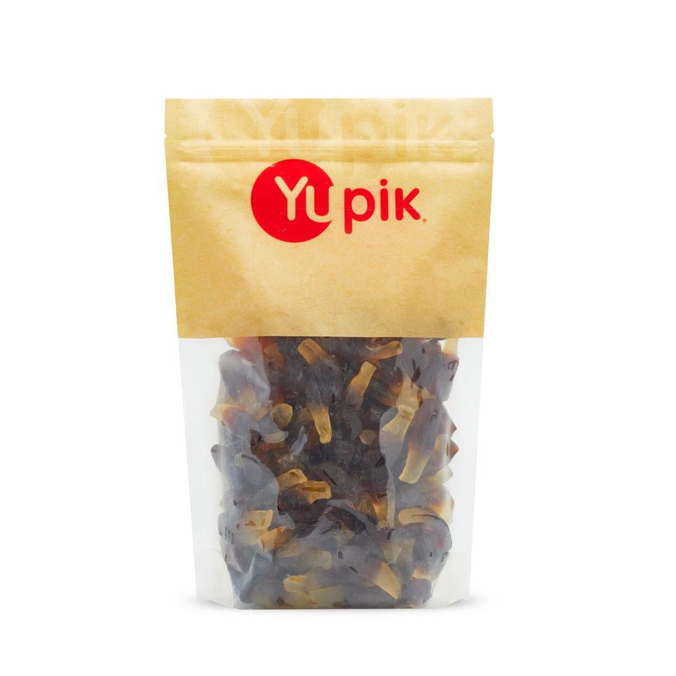 Yupik Gummy Cola Bottles front view, chewy cola flavor ideal for quick snacking.