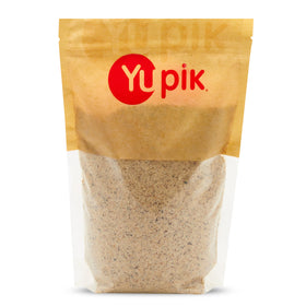 Yupik Hazelnut Meal bag closeup shows fine texture ideal for baking.