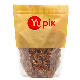 Yupik Jumbo Pecans halves in bag, raw and unsalted, ideal for baking.