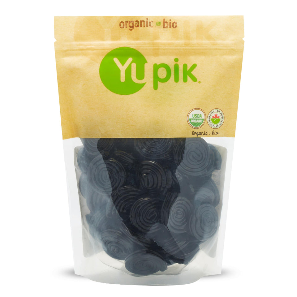 Yupik organic black licorice rolls helix close-up showing chewy snack option
