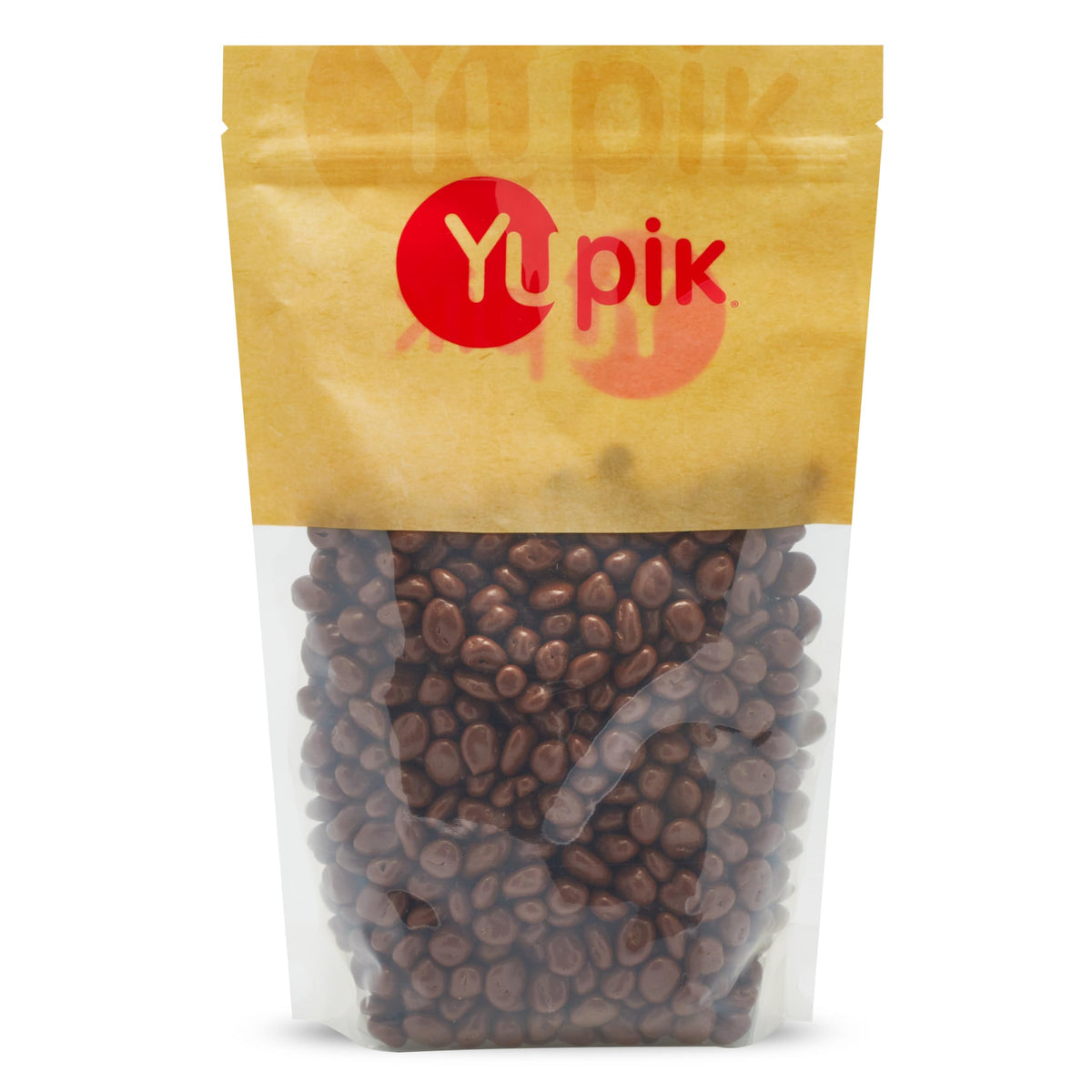 Yupik Milk Chocolate Covered Raisins pack shot showing a large bag for convenient snacking