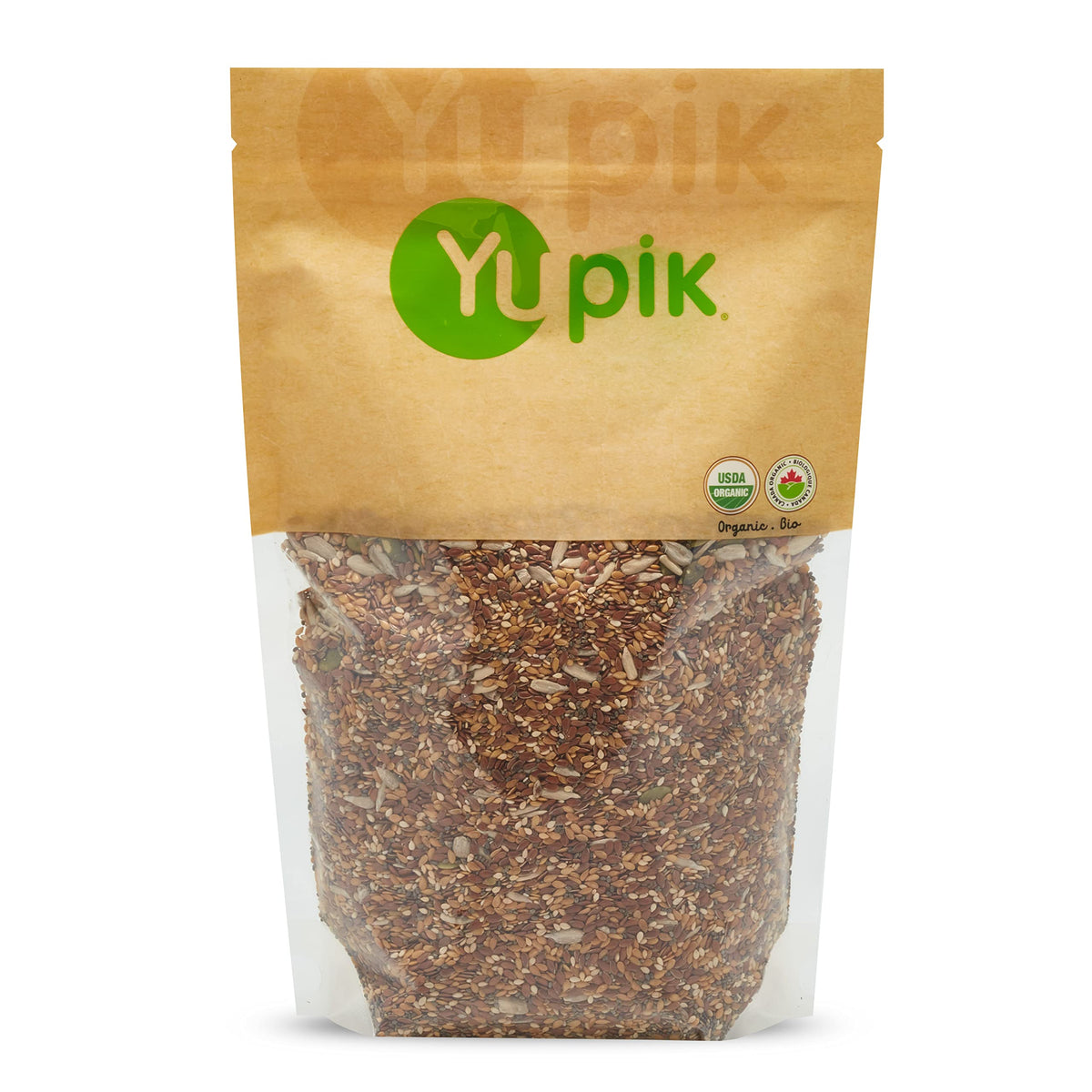 Yupik Organic 6 Seeds Mix packaging shows a snack-ready seed blend.