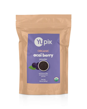 Yupik Organic Acai Powder close-up on spoon, vibrant purple for smoothies.