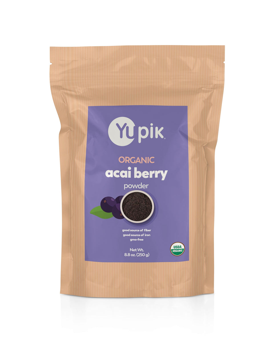 Yupik Organic Acai Powder close-up on spoon, vibrant purple for smoothies.