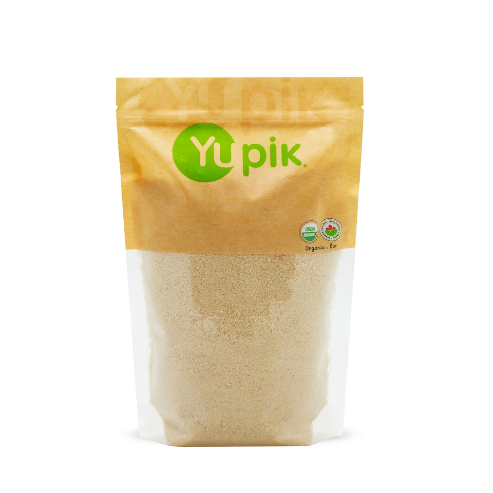 Yupik Organic Almond Powder bottle highlighting gluten-free baking option.