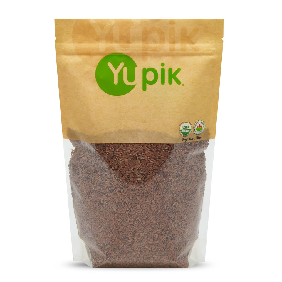 Yupik organic brown flax seeds bag front, versatile baking staple with omega-3 and fiber.