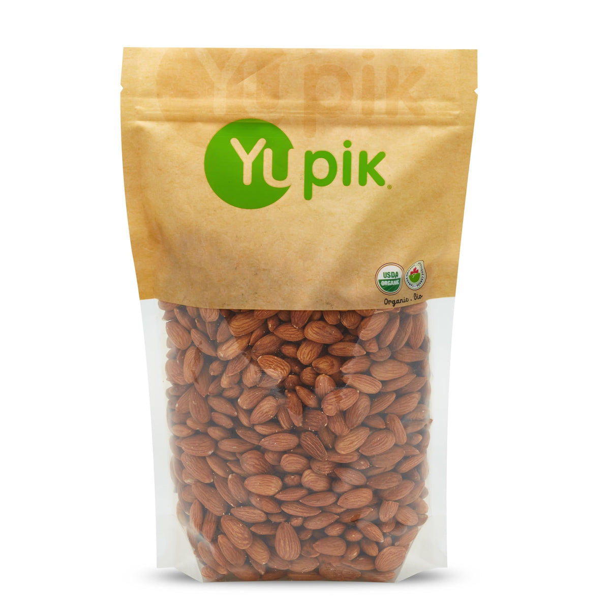 Yupik Organic California Almonds bag label in a 2.2 lb pack, protein-rich snack