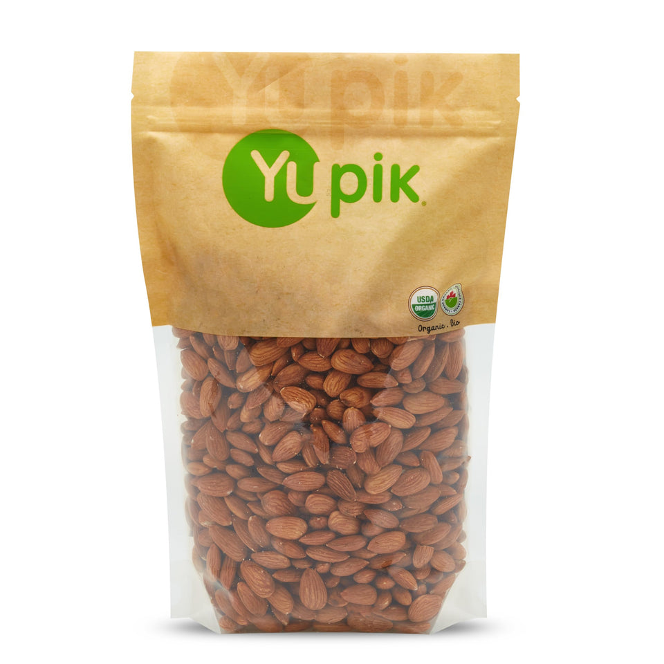 Yupik Organic California Almonds bag label in a 2.2 lb pack, protein-rich snack
