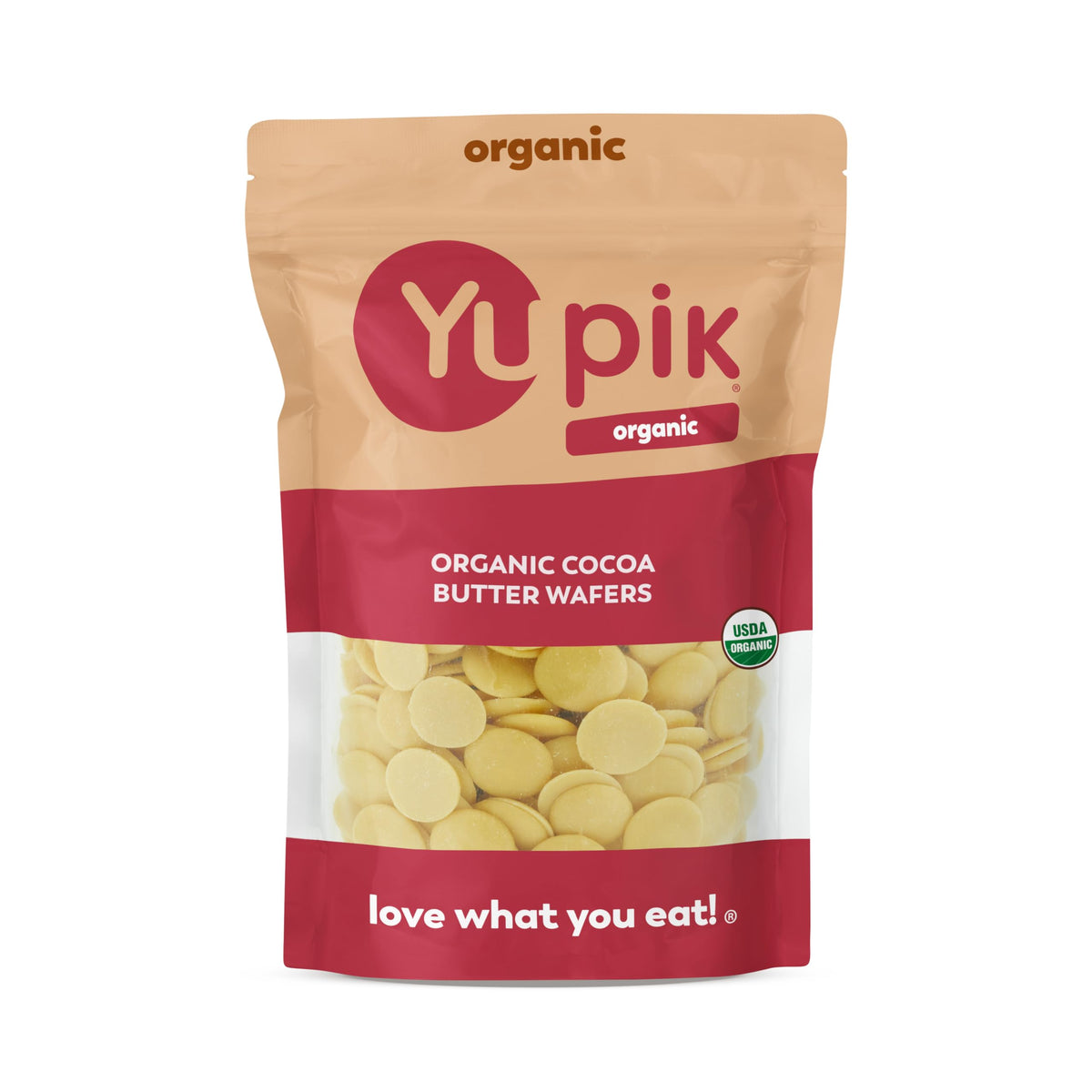 Yupik Organic Cocoa Butter Wafers packaging, resealable bag for freshness