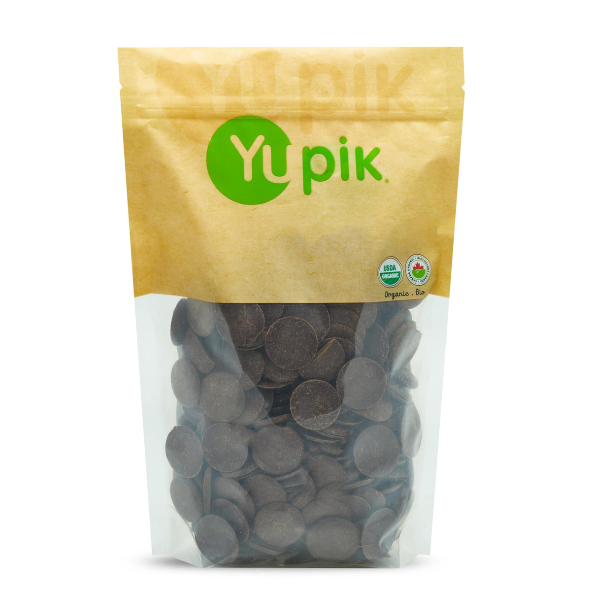 Yupik Organic Cocoa Liquor Wafers pack shot; ideal for versatile baking and coating.
