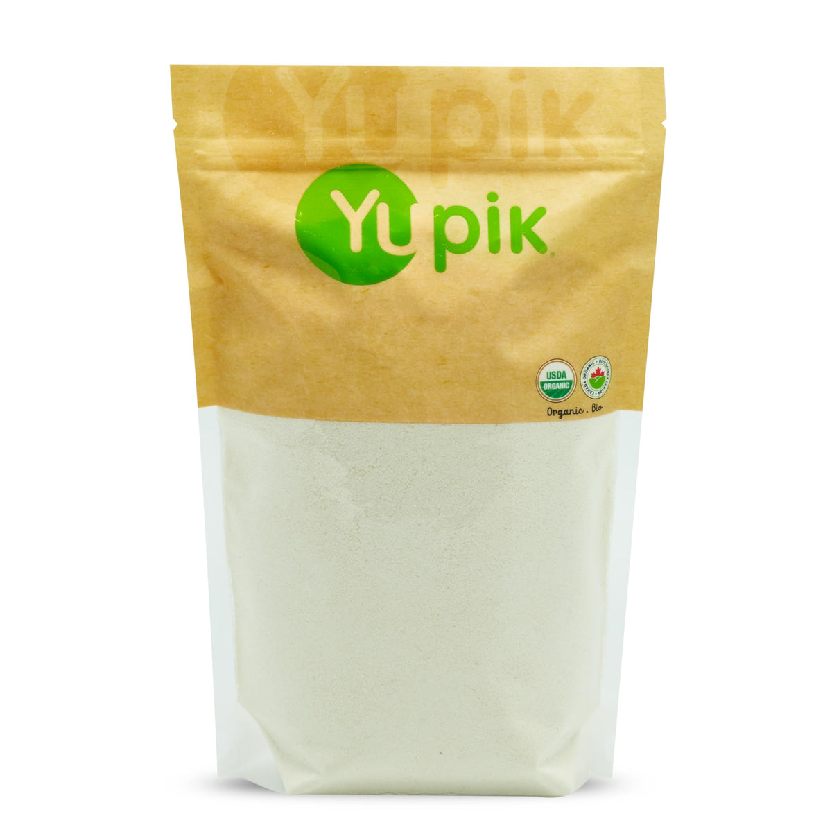 Yupik Organic Coconut Flour packaging showing gluten-free, kosher-certified pantry staple