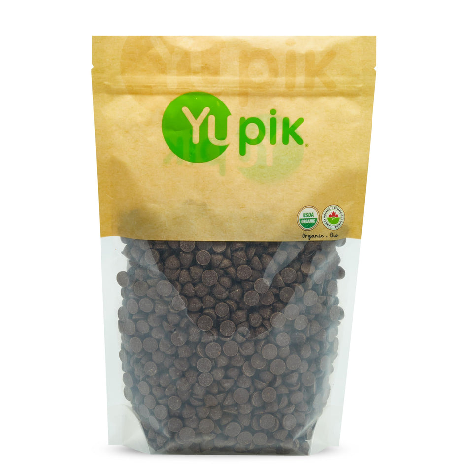 Yupik Organic Dark Chocolate Chips 70% pack shot highlights bold flavor for baking.