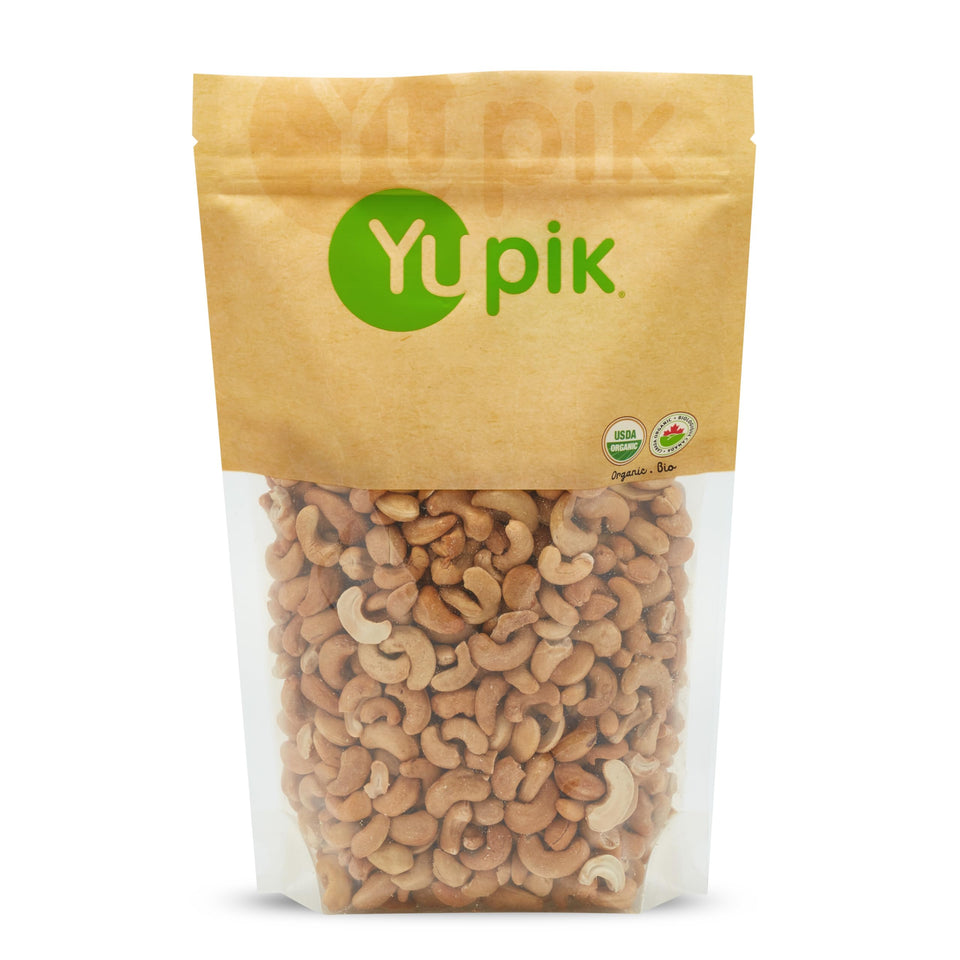 Yupik organic dry roasted cashews, bag front view, protein-rich snack