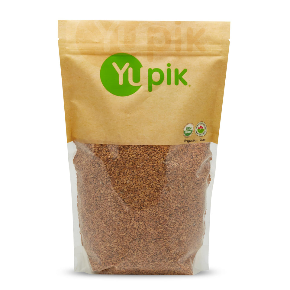 Yupik organic golden flax seeds in a bag, fiber-rich pantry staple.